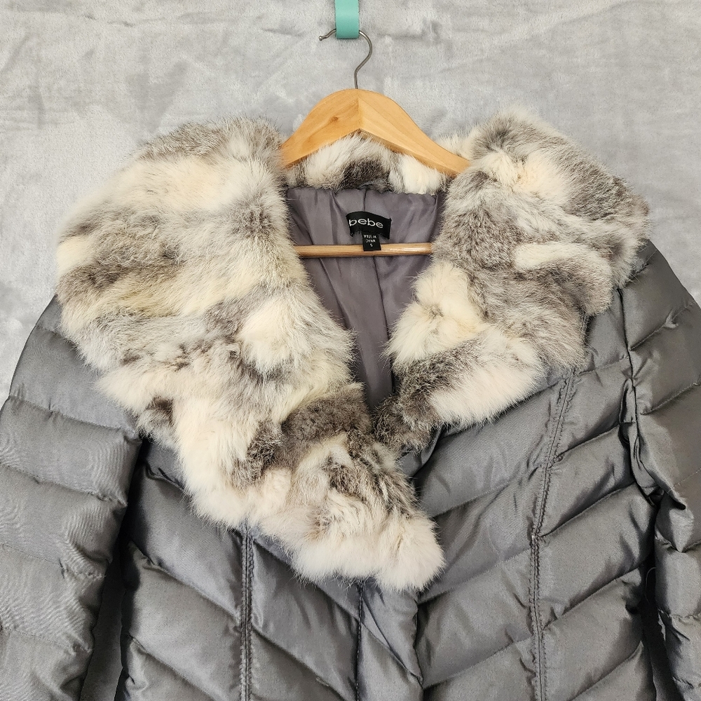 bebe Down Puffer Jacket Womens Small Rabbit Fur Collar Silver Gray Coat Y2K - Picture 2 of 11